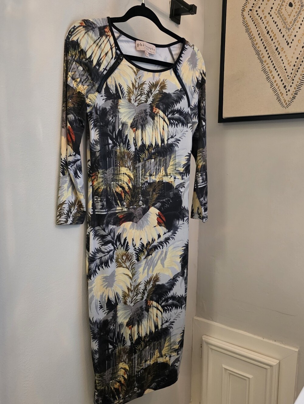 Philosophy Long Sleeve Tropical-Print Midi Dress in White, Black & Yellow